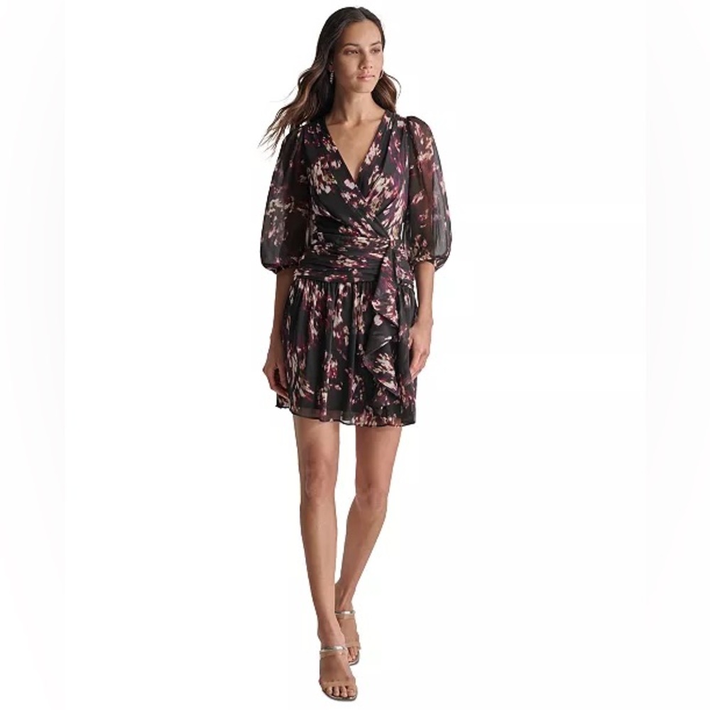 DKNY Womenβs Crinkle-Chiffon Faux-Wrap Mini Dress Size 8